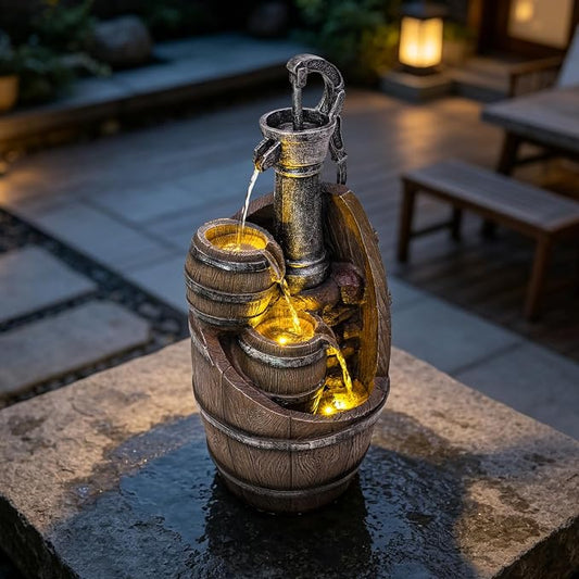 21.7" H Barrel Water Fountains Outdoor with LED Lights, Garden Fountains for Yard Patio Backyard Deck Decor