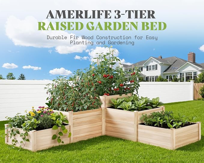 AMERLIFE 3-Tier Raised Garden Bed, 28 Inch Depth Fir Wood Planter Box for Outdoor Gardening with Dividers, Tool-Free Assembly, Garden Box, Ideal for Vegetables, Herbs, Flowers