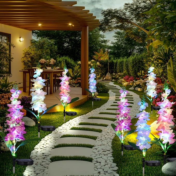 4-Pack Solar Delphinium Garden Decor, 4 LED Flower Stake Lights - Waterproof Long-Lasting Outdoor Solar Patio Decor for Lawn, Yard & Pathway