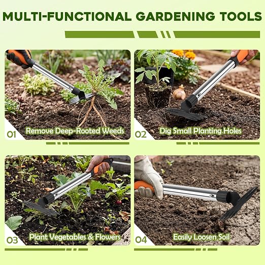 17" Hand Weeding Tool - 2 in 1 Manual Uprooting Weed Puller and Weeding Rake, Heavy Duty Grass Remover Tool, Gardening Weed Pulling Tools for Yard, Lawn, Patio and Garden