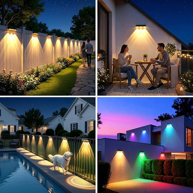 Solar Fence Lights Outdoor 12 Pack, Upgraded Brightness 3X LED Lens Fence Lights Solar Powered, 9 Fixed Colors & RGB Lights, IP65 Waterproof Solar Lights for Outside Backyard/Railing/Step/Patio