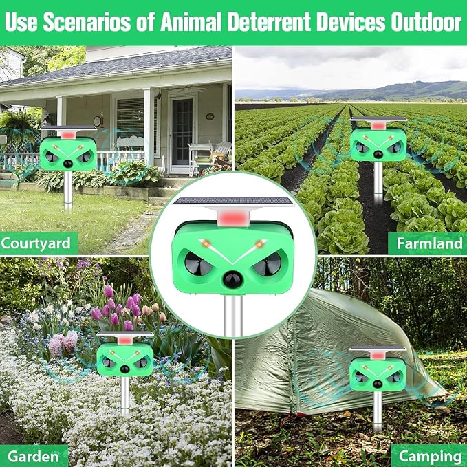 Solar Animal Repeller Ultrasonic,Cat Repellent Outdoor with Motion Detection and LED Flashing Light and Sound,Waterproof Ultrasonic Deer Repellent Repel Dog,Squirrel,Deer, Raccoon,Skunk,Rabbit