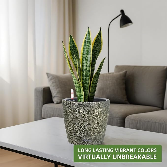 Dexceder 11x10 Self Watering Planter (Black Gold Crackle) | Inner Pot Design, Thickened Table Flower Plant Pot with Water Level Indicator Indoor Outdoor