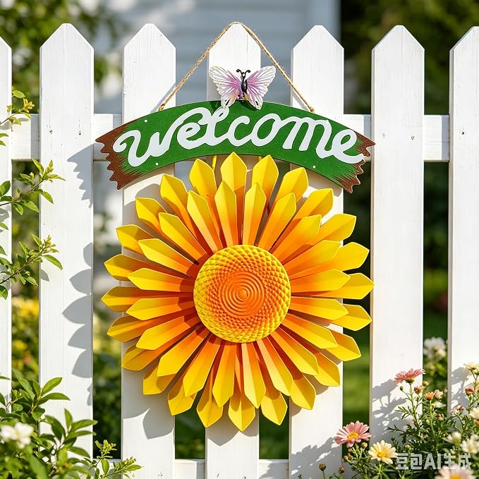 1 Pcs Metal Hanging Wind Spinners with Welcome Sign, 11.8 inch, Orange | Metal Sunflower Welcome Sign with Butterfly, Outdoor metal wall art decor, outside wall art Gardon decoration