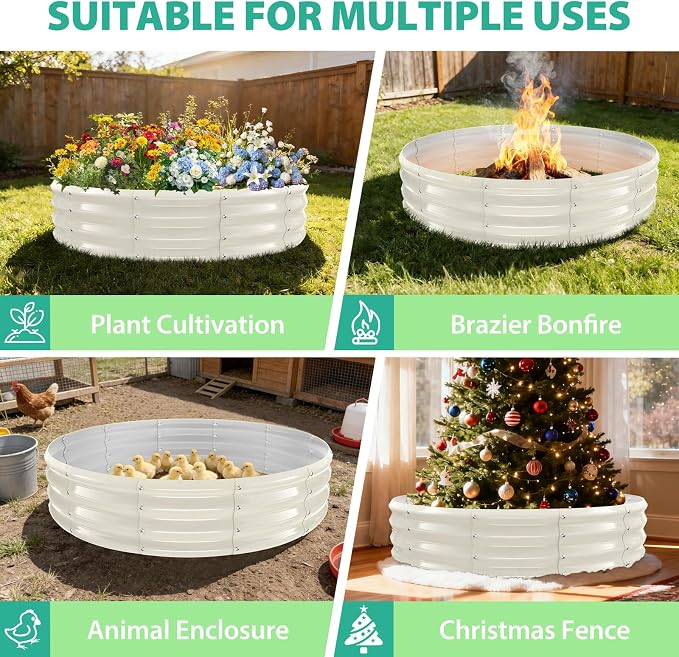 12 Inch Tall 60 Inch Diameter Round White Raised Garden Bed Kits Outdoor | 1 FT Tall,5 FT Planter Bed for Flowers,Herbs,Vegetables,Trees,0.8MM Thick Galvanized Metal Painted,with Gloves,Tool free