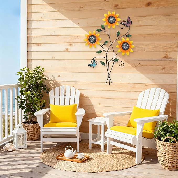 DETENE Metal Sunflower Wall Decor with Butterfly 3D Colorful Outdoor Wall Art Fence Decorations for Patio Metal Flowers Wall Hanging Ornament for Garden Porch Living Room Balcony Farmhouse (yellow-night light)