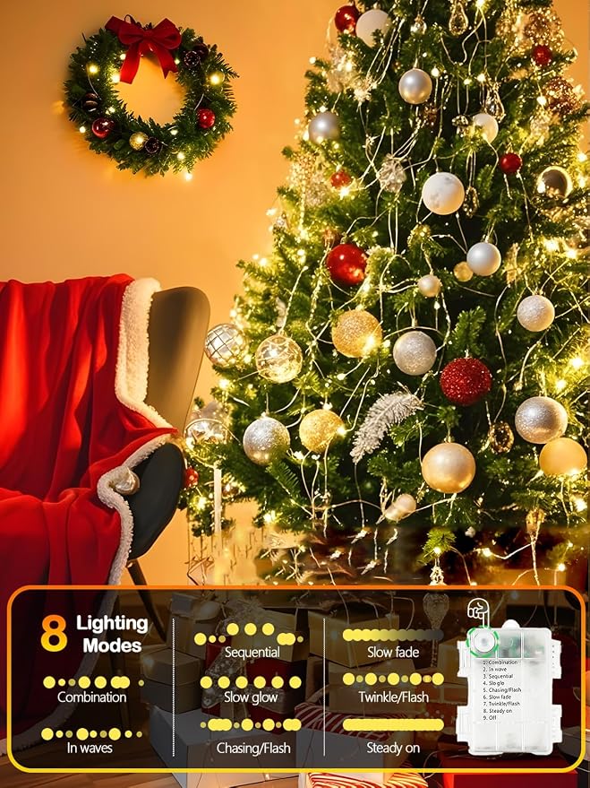 4 Pack Fairy Lights Battery Operated with Remote 33FT 100 LED Warm White | Remote Control, 8 Modes, Timer, Adjustable brightness, Waterproof Lights for Indoor Outdoor Classroom Christmas Decor