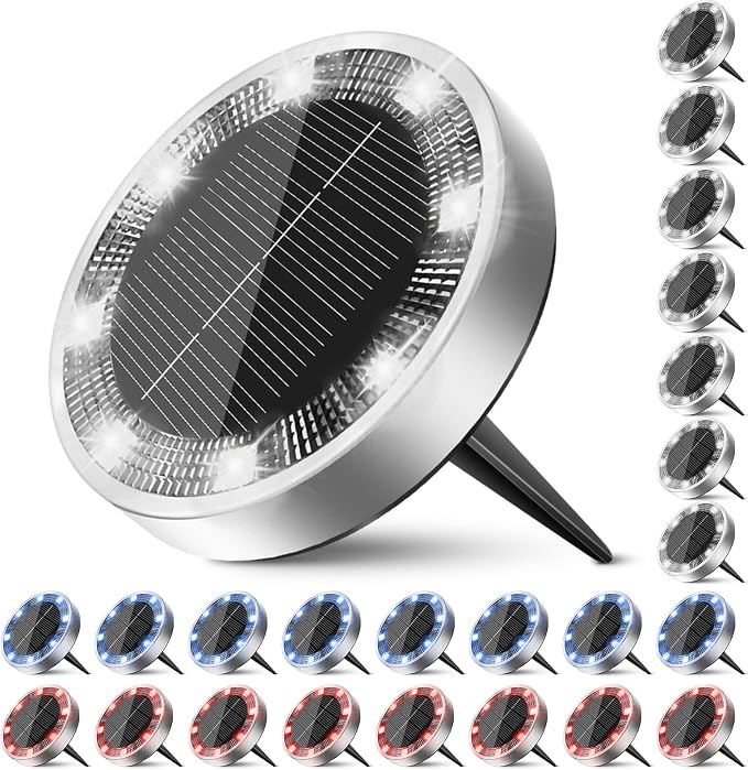 Peasur Solar Ground Lights Outdoor, 24 Pack Flat Solar Powered Disc Lights, IP68 Waterproof, Anti-Rust, Landscape Lighting for Pathway Garden Yard Lawn Walkway Landscape Driveway, Red+Blue+Cool White