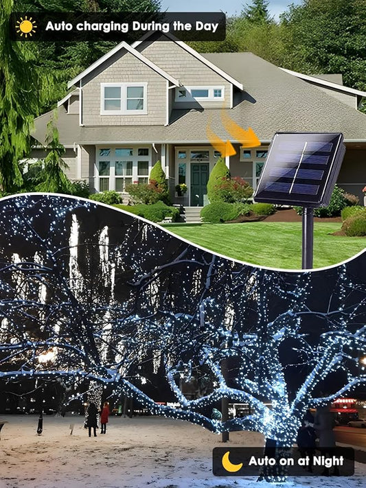 Solar String Lights Outdoor 2 Pack 200 LED Solar Christmas Light Cool White | 8 Lighting Modes, Memory Function, Auto On/Off, 66FT Waterproof Twinkle Lights for Outside Wedding Holiday Party Decorations