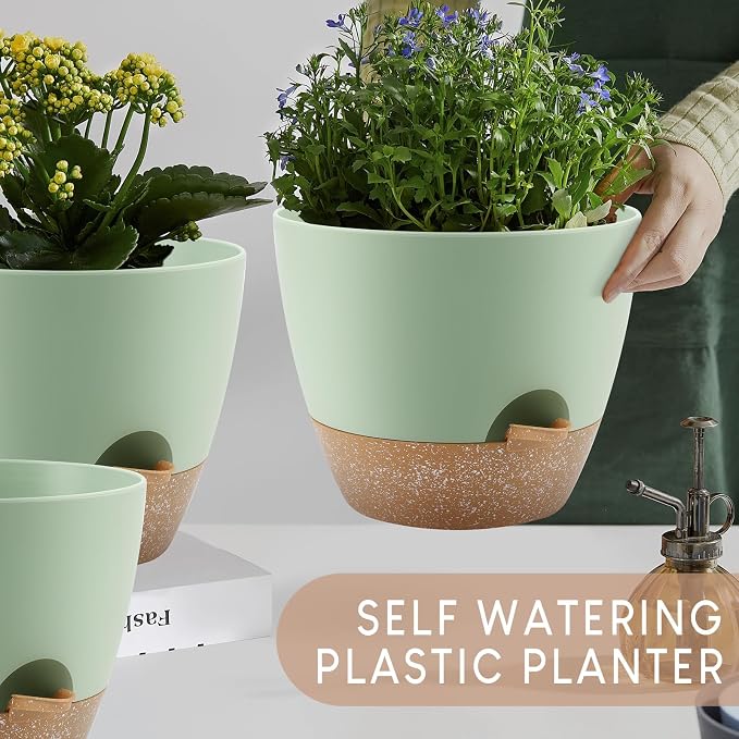 YNNICO Plant Pots 10/9/8/7.5/7 inch, Self Watering Planters with Drainage Holes & Saucers for Indoor and Outdoor Plants (Green)