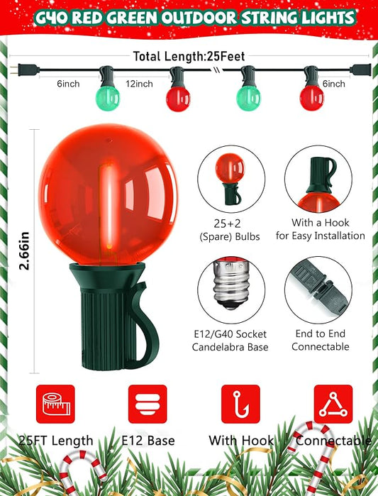 G40 LED Outdoor Christmas String Lights, 25FT Hanging Globe String Light | 25+2 Shatterproof Clear Red Green Lights, Connectable, Waterproof Patio Lights for Balcony Pergola Decor, Green Wire