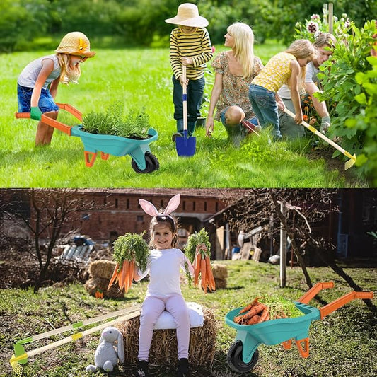 Qtioucp Kids Gardening Set with Wheelbarrow, Real Metal Garden Tools for Kids Ages 3-8, 4 Long Handle Tools, 3 Hand Tool, Gloves, 5 Stickers, Handbook, Outdoor Backyard Toys for Toddler Gift