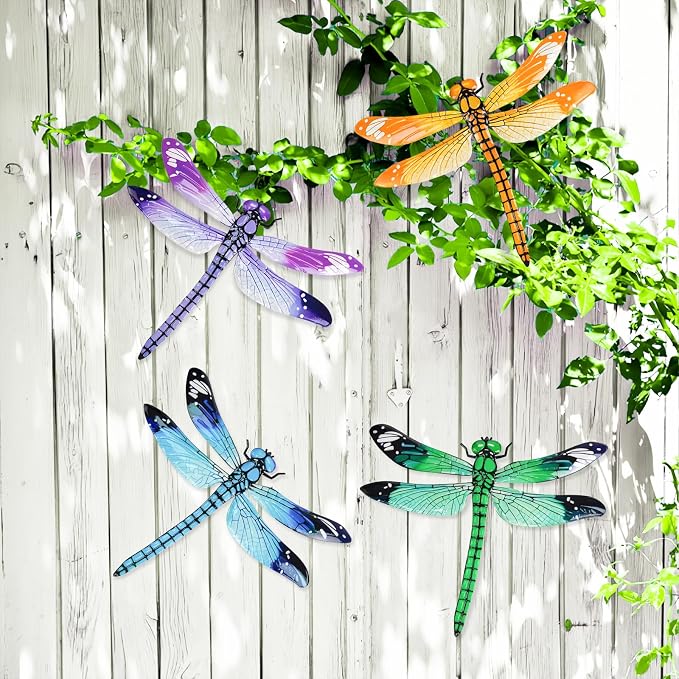 ULENDIS 4 Pack Large Metal Dragonfly Wall Decor, 11.7"x 13.9" 3D Colorful Outdoor Garden Fence Wall Art Decor, Wall Hanging Decorations for Yard Patio Living Room, Gift for Family Kids Friends