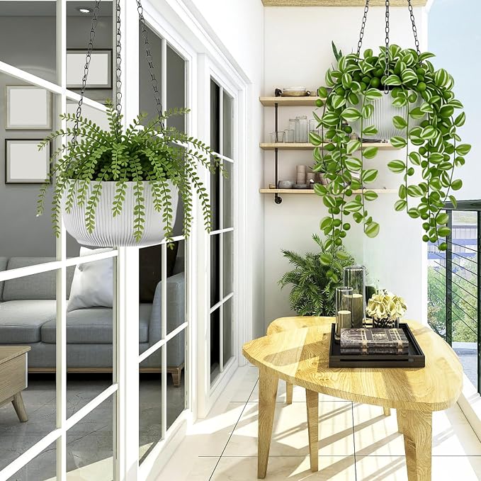 8 Inch Hanging Pots for Indoor Outdoor Plants Set of 2 | Self-Watering Hanging Planters with Internal Saucers, Drainage Holes & Plugs (Hooks)