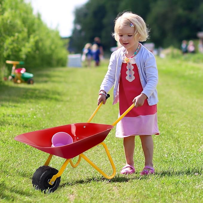 Costzon Kids Wheelbarrow, Metal Construction Toys Kart, Child Wheel Barrel w/Non-Slip Handle, Wearable Wheels, Yard Rover Steel Tray, Tote Dirt/Leaves/Tools in Garden for Toddlers (Red)