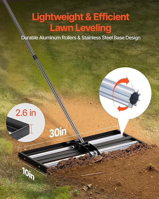VEVOR Updated Lawn Leveling Rake with Roller, 30" x 10" Stainless Steel Lawn Leveler with 83.9" Adjustable Handle, Heavy Duty Yard Leveling Rake, Effort Saving Lawn Leveling Tool for Yard Golf Court