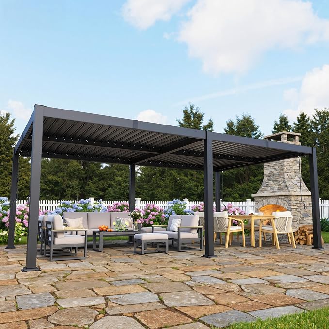 12' x 20' Louvered Pergola, Aluminum Frame Outdoor Pergola with Adjustable Louvered Roof & Integrated Gutter System, Hardtop Patio Gazebo for Backyard, Patio, Garden, Dark Gray