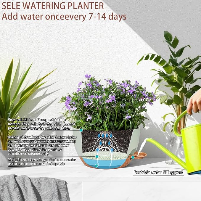 12" Self Watering Hanging Planters with Chains, Green Brown,2 Pack | Plastic hanging baskets with 43 Oz removable reservoir, for indoor outdoor plants, patio porch garden balcony decor