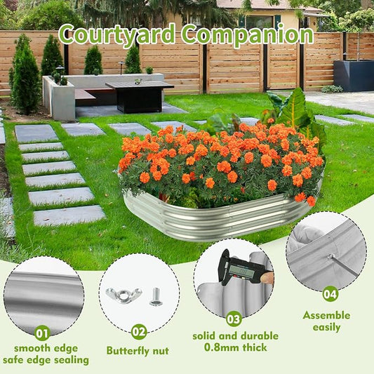 TBMLC Oval Galvanized Planter Box, Metal Raised Garden Bed - 0.8MM Thick- Ideal for Outdoor Gardening and Planting of Vegetables Flowers Fruits Succulent Plants and Others (Silver, 5X2.7X1 FT)