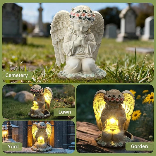 Solar Angel Garden Statue, Outdoor Decor, Cemetery Decorations for Grave – Praying Angel Figurines with LED Light for Outdoor Lawn, Yard, Patio Decor, Memorial Gifts for Women, Mom and Grandma