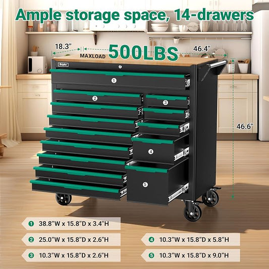 14-Drawers Rolling Tool Chest with Wood Workbench,Brake Casters,Lock & Key,Heavy-Duty Steel Tool Cabinet Storage, for Home,Garbge or Workshop Use (14 Drawer + 348 Pieces Tools)