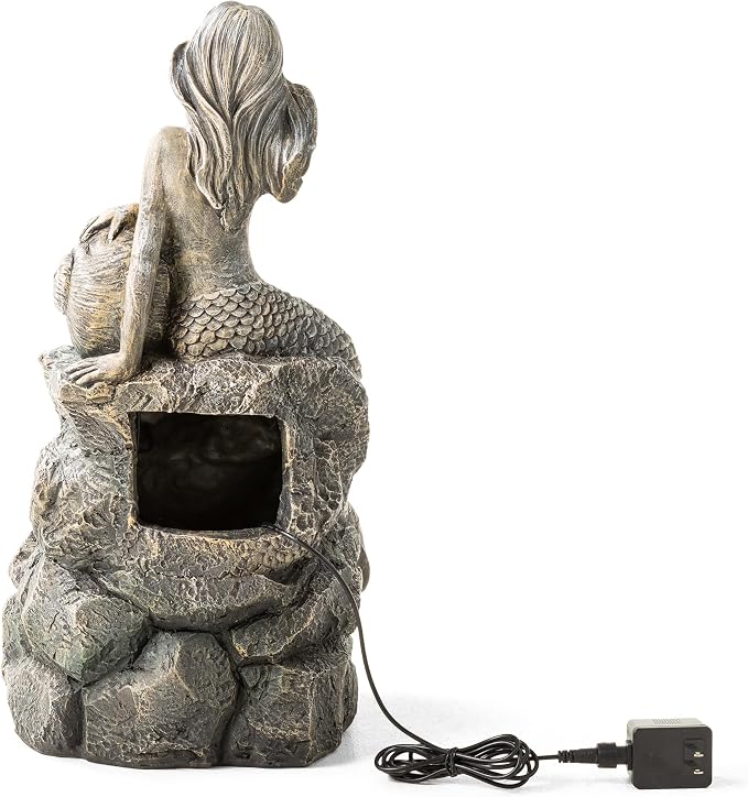 Glitzhome Water Fountain Outdoor, Outdoor Fountain with Lights & Pump, 22.25" H 4-Tiered Concrete Mermaid Polyresin Waterfall Floor Standing Water Feature for Garden, Patio, Yard, Deck, Porch