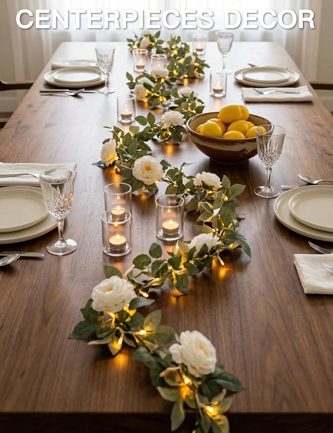 suddus Flower Garland with White Camellia Fairy Lights Indoor, 60 LED Vines String Lights Battery Operated with Remote, Artificial Fake Flowers Leaf Lights for Wedding,Bedroom,Centerpieces,Arch Decor