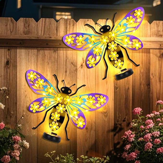 Metal Bee Outdoor Wall Decor with 30 Led Solar Lights- 13.8" Outdoor Fence Wall Art Decor, Gift for Mom Grandma Women Birthday Gardening,Hanging Decoration for Garden Patio Porch Yard