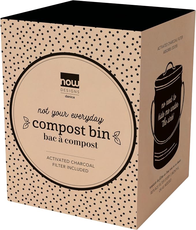 Now Designs Compost Bin Charcoal Powder Coated Steel With Charcoal Filter, 8.5 inches high, 1.25 gallon