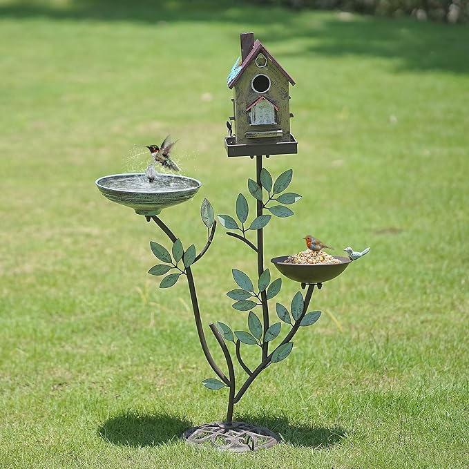 HLQMFHT 38" H Cast Iron Pedestal Bird Baths for Outdoors,3 in 1 Metal Bird Bath Bowl with Bird Houses and Bird Feeder,Garden Yard Decor