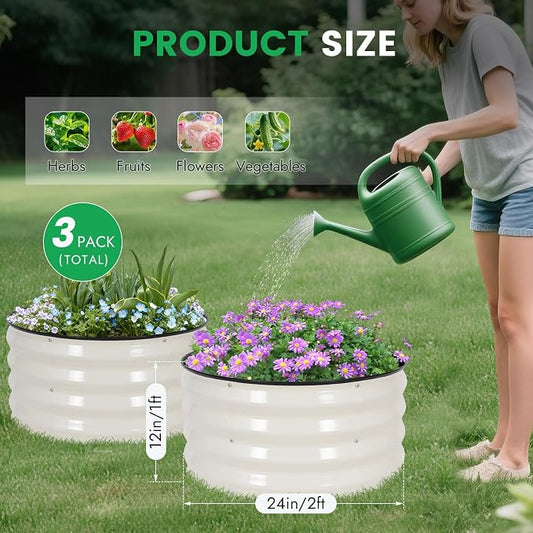 INNO STAGE 3 Pcs Round Galvanized Raised Garden Bed — 2×2×1ft Planter Box Outdoor Raised Beds Kit for Gardening Vegetables, Fruits, Herbs, and Flowers, White