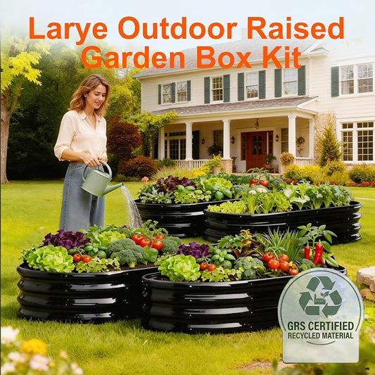 Rakukiri Raised Garden Bed Outdoor, GRS Certified Recycled Metal Planter Box 2 Sets, 4FT Galvanized Oval Herb Garden Kit, Bottomless Large Garden Beds for Vegetables Flowers, Rust-Resistant Black
