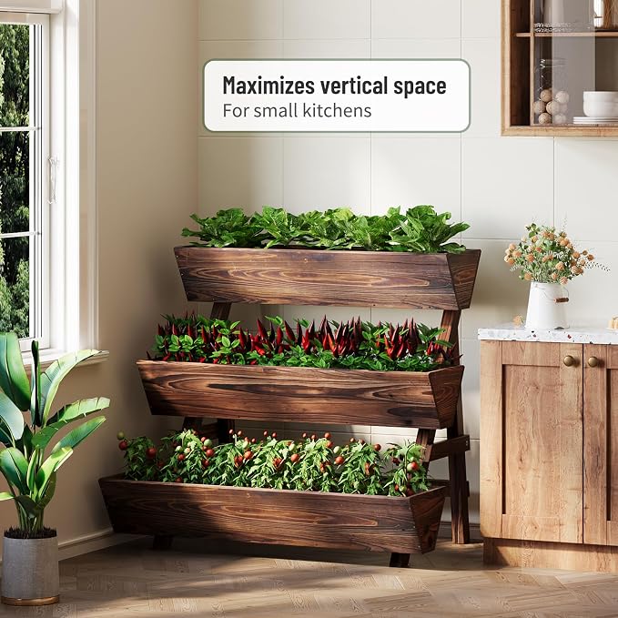 3-Tier Vertical Wooden Raised Garden Bed, Freestanding Garden Planter Box, Wood Flower Rack, Planter Box for Herbs, Vegetables, Outdoor Indoor Use, Large-Brown, Large-Carbonized