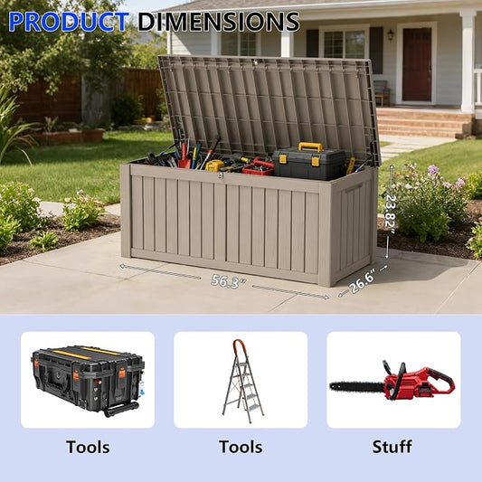 150 Gallon Outdoor Storage Box Resin Deck Box All Weather Waterproof Large Lockable Storage Container Deck Box for Patio Furniture, Garden Tools, Lockable, Gray New