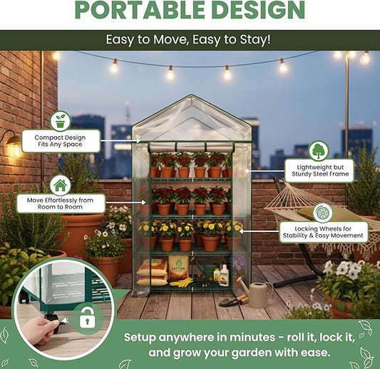 4 Tier Mini Greenhouse - Portable Greenhouse with Locking Wheels and PVC Cover for Indoor or Outdoor Green House by Pure Garden