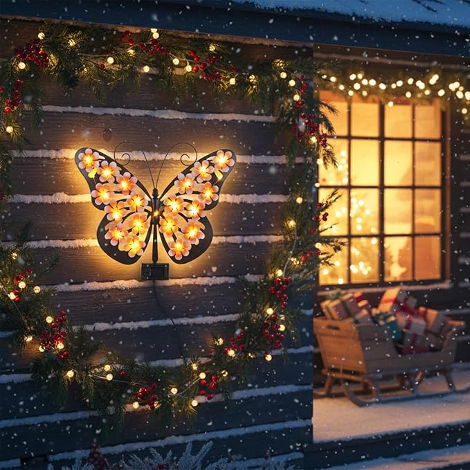 Solar Lights Outdoor Metal Butterfly Wall Decor with 30 Led - 13.5" Outdoor Fence Wall Art,Hanging Decoration for Garden Patio Porch Yard,Gifts for Women,Birthday Gifts for Mom Grandma