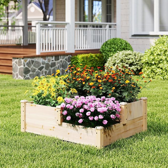 S AFSTAR 3-Tier Raised Garden Bed, Outdoor Elevated Planter Box for Vegetable Fruit Herb Flower Solid Fir Wood Planter Kit with Open-Ended Base, Gardening Planter for Garden Yard Lawn Backyard