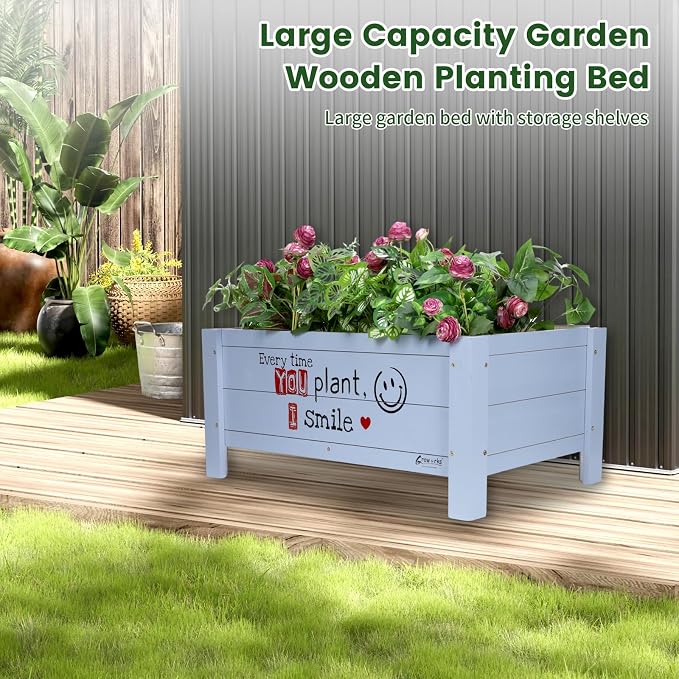 Raised Garden Bed for Kids - 30”L*18”W*13”H Elevated Wooden Planter Box Stand, Backyard, Patio, Balcony w/Bed Liner, 180lb Capacity (Blue)