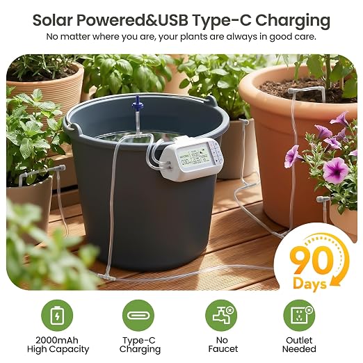 Automatic Drip Irrigation Kit, USB Rechargeable Auto Plant Watering System | Auto Plant Watering System with Timer, Anti-Siphon Valve, DIY Irrigation System for up to 15 Outdoor/Indoor Potted Plants