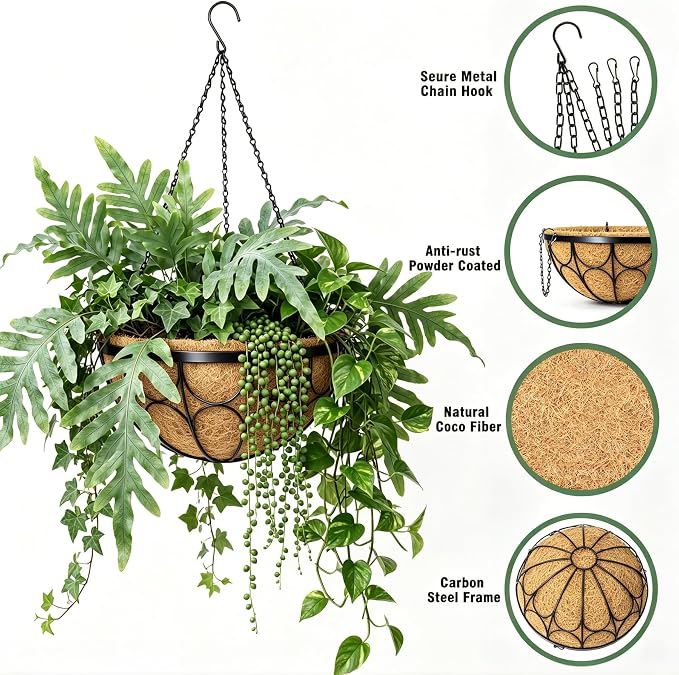 4 Pack 14 Inch Hanging Planters for Outdoor Plants,Large Wire Flower Hanging Basket with Coco Liners for Balconies, Patios, Porch, Terraces Decor