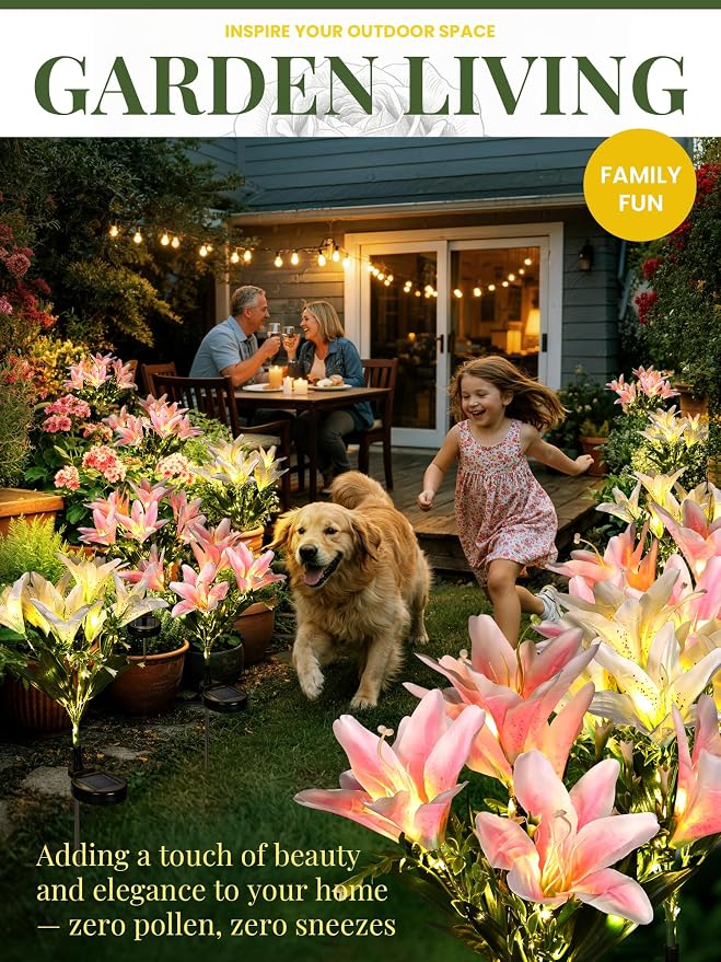 GIGALUMI Solar Garden Lights, 2 Pack LED Lily Garden Decor Carefree Solar Flowers Outdoor Waterproof, Yard Decorations Outdoor, Allergy-Free Light up Flowers for Yard Patio (1White,1Pink)