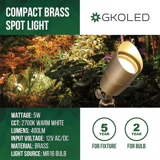 GKOLED Solid Brass Low Voltage Compact Spotlight, 12V AC/DC Waterproof Outdoor Landscape Spot Lights for House Trees Garden Yard Lawn, Up Light with 5W 2700K MR16 Bulb, Stake Included (Pack of 2)