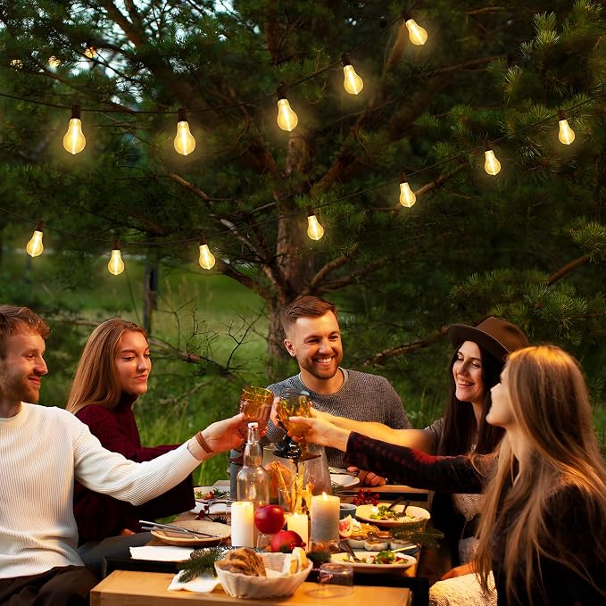 Larkvue 200FT(2x100FT) Outdoor String Lights, LED Patio Lights with 63 Waterproof Shatterproof A39 Dimmable Bulbs(3 Spare) for Balcony-2 Pack Black