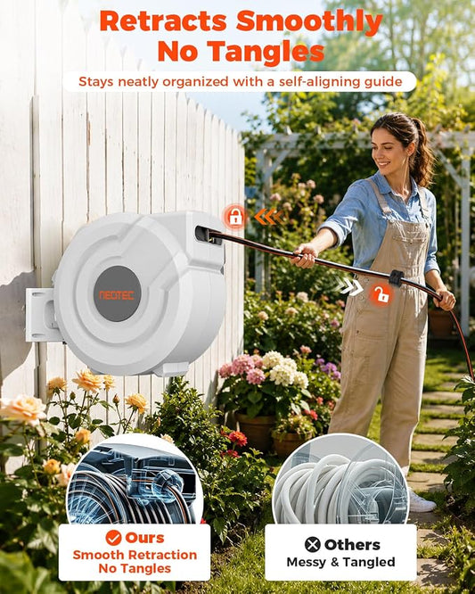 5/8 in 100ft Retractable Garden Hose Reel with Any-Length Lock Slow Auto Rewind Heavy Duty Water Hose Reel With 9-Pattern Nozzle 180° Swivel Bracket UV Resistant Wall Mounted Hose Reel for Outside