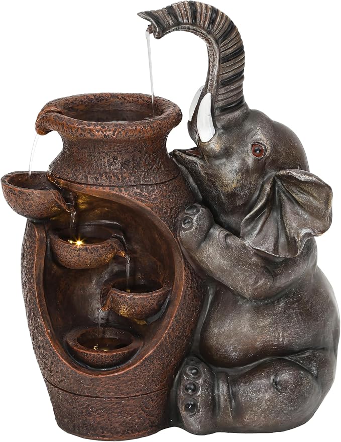 AUTODAYA 19" H Elephant Statue Outdoor Water Fountain with Warm LED Lights | Rustic Farmhouse Water Feature with Tranquil Cascading Waterfall for Garden Patio Yard Deck Kitchen Floor Tabletop Decor