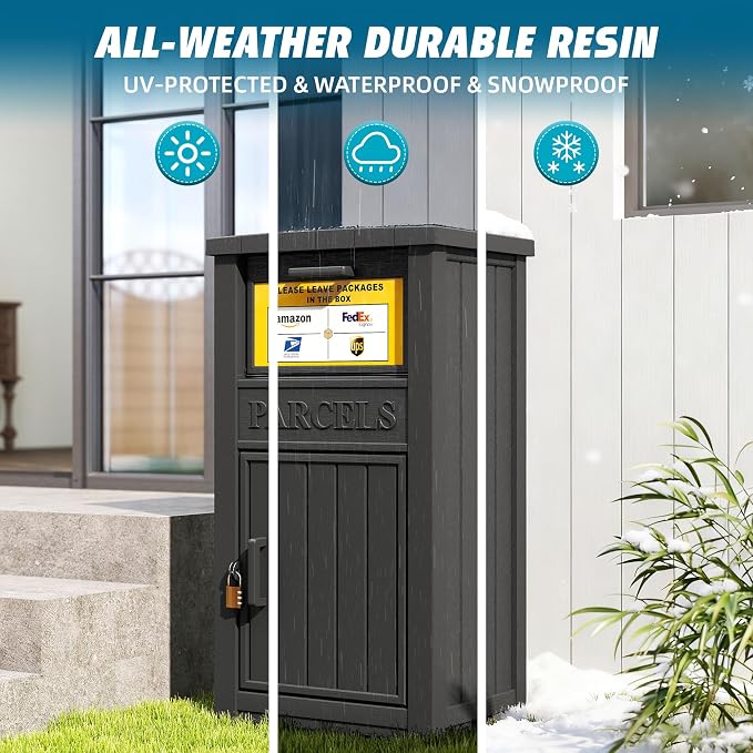LHBGO Package Delivery Box with Sign, Lockable & Weatherproof Anti-Theft Parcel Delivery Box for Porch, Curbside, Patio,Black