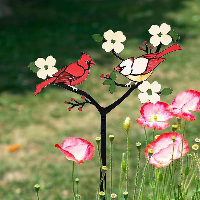 Cardinal Garden Stakes Bird Decor | For Gardens Patios Gravesides 1mm Hardened Steel Rustproof Easy Assembly