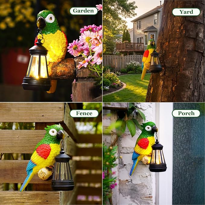 Colorful Parrot Garden Decor, Hanging Tree Ornament with Lantern Accent, Outdoor Yard Art for Patios and Lawns, Unique Gift for Garden Lovers