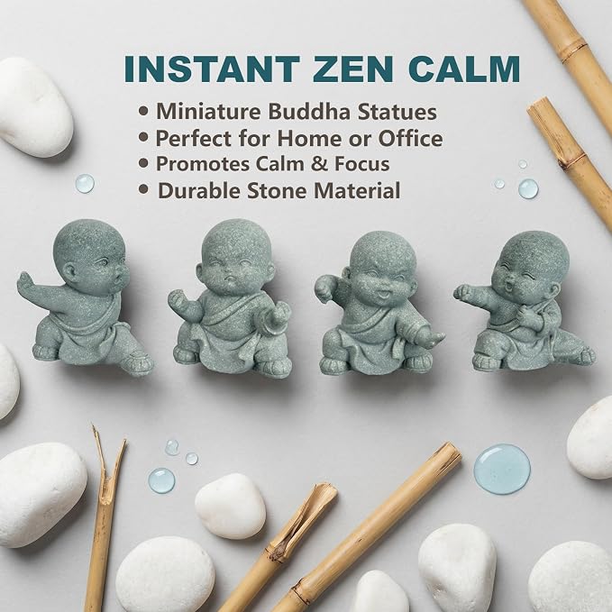 4pcs Mini Buddha Statue, Small Aquarium Decoration, Feng Shui Zen Monk Sandstone Sculpture, Cute Fish Tank Ornament for Home Garden