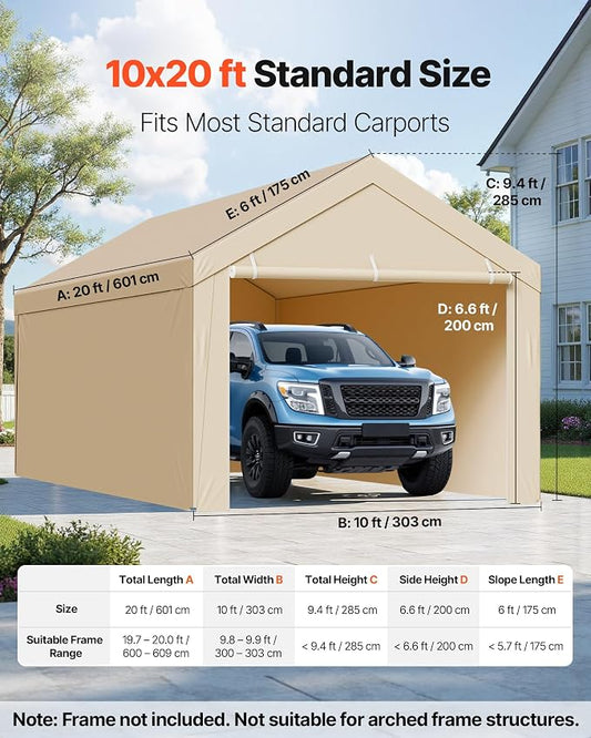VEVOR Carport Replacement Canopy Cover, 10 x 20 ft Potable Garage Tent Top Tarp with Sidewalls, UV-Resistant & Waterproof, Heavy Duty Car Shelter Tarp with Ball Buggees, Beige, Frame Not Included